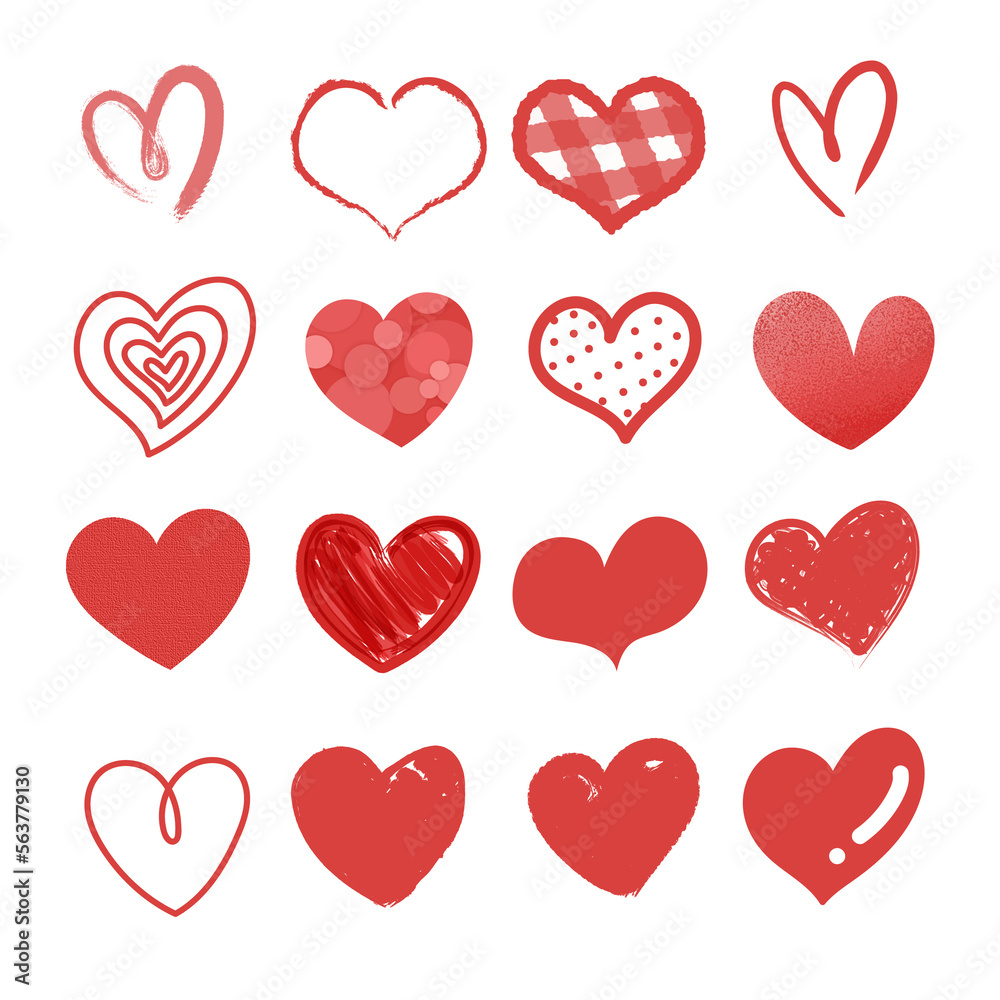 Red Heart Collection for Valentine’s Day. Grunge Illustration Design Elements for Card Decoration Clip Art isolated on White Background.