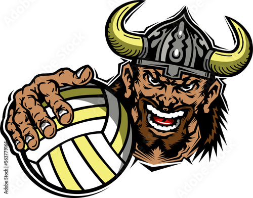 viking mascot holding volleyball for school, college or league sports