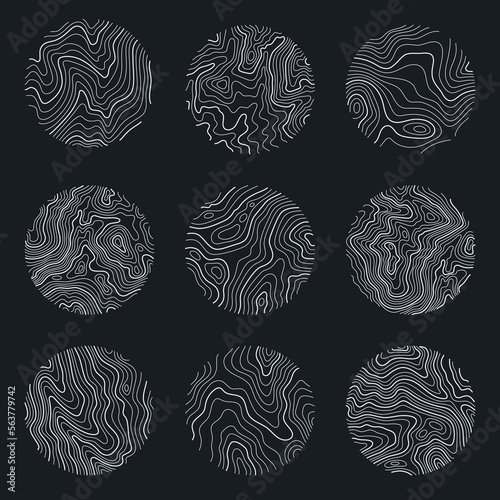 Set rings of topographic line map. Wood rings, vector line circle of outdoor concept. Outline pattern for outdoor logo templates. Contours of tree, concepts for expedition logotype. photo