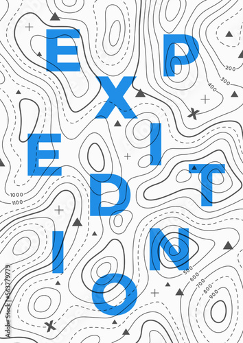 Travel poster of topographic line map with word Expedition. Vector line pattern of geographic map countour. Outline pattern with points, routs, letters. Topography map background.