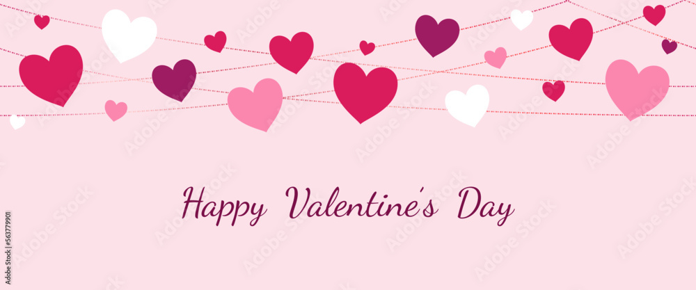 Valentine's Day banner. Seamless decoration, red and white hearts string on pink background. Holiday frame, border. For headers, party flyers, sale promotions. Vector.