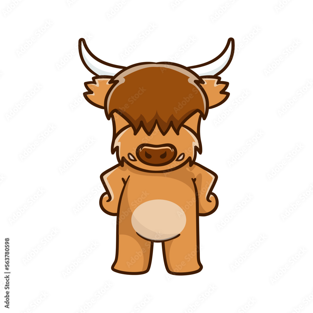 Cute Highland cow cartoon clipart with funny pose vector illustration