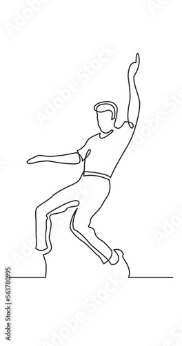 continuous line drawing vector illustration with FULLY EDITABLE STROKE of dancing active young man dancer