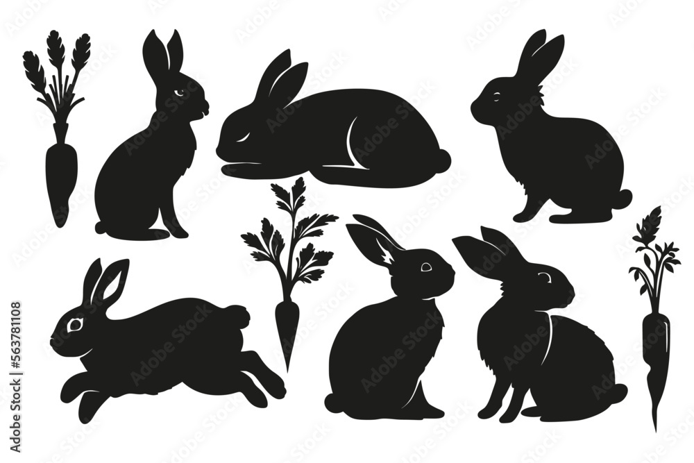Fototapeta premium Rabbit bunny and carrot silhouette set, Easter vector animal ear black shape spring graphic collection