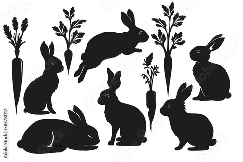 Rabbit bunny and carrot silhouette set, Easter vector animal ear black shape spring graphic collection