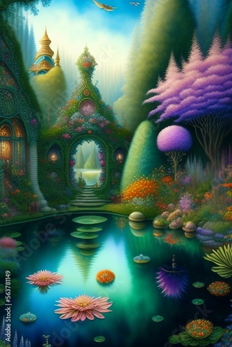 A pond surrounded by a beautiful fantasy garden, created with Generated AI technology © Maslinah