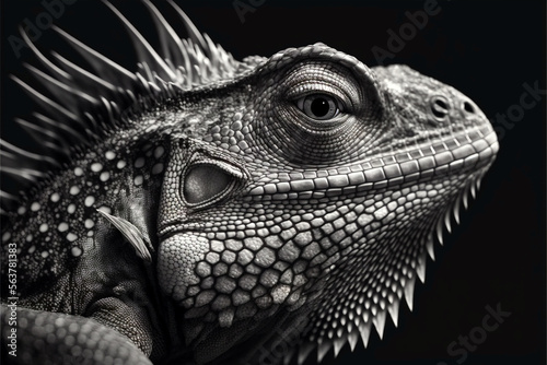 Black and white bearded dragon lizard iguana head close up on a black background  Generative AI