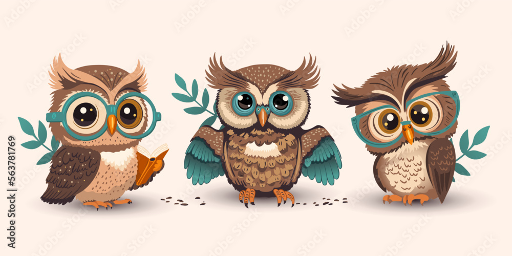 Obraz premium Cute cartoon owl in glasses set with a book, smart student kids vector collection, teacher student bird funny animal.