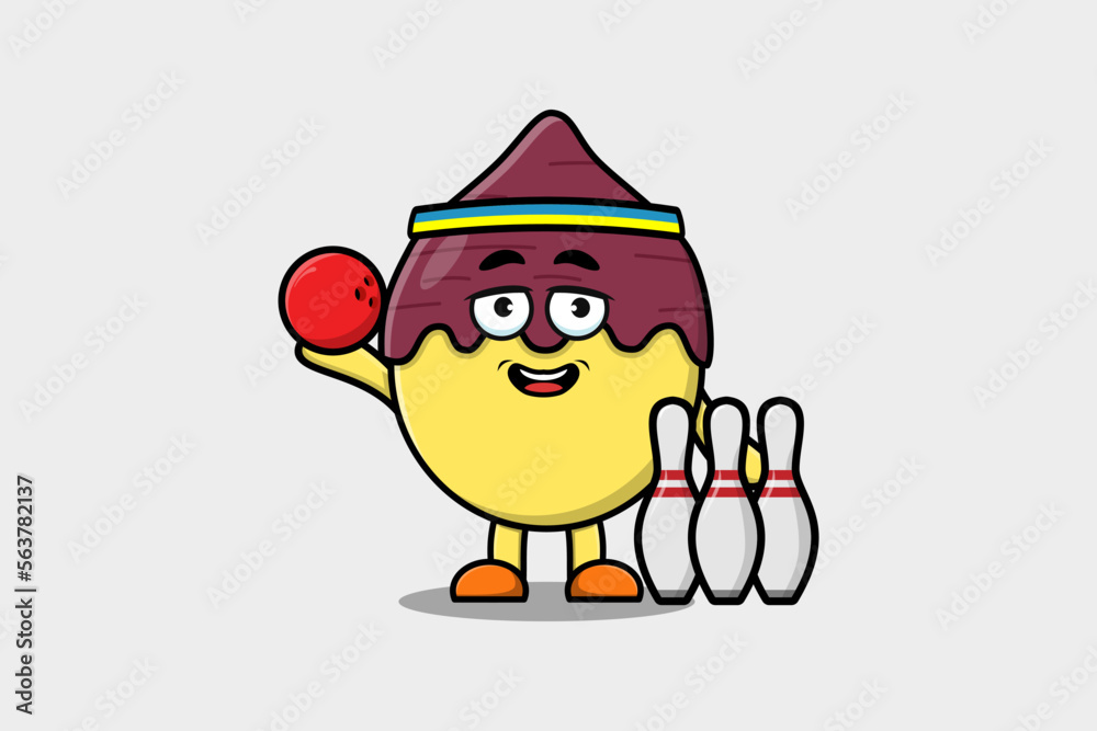Fototapeta premium Cute cartoon Sweet potato character playing bowling in flat modern style design illustration