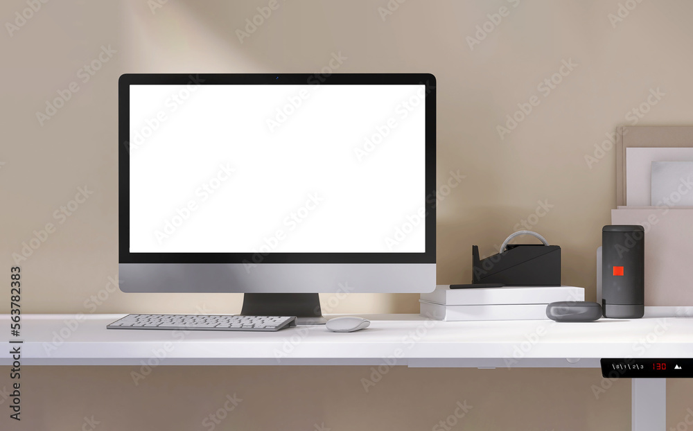 Blank screen modern desktop computer, keyboard, mouse, book, document and speaker on minimal design adjustable standing desk in sunlight in beige wall room for luxury lifestyle product display 3D Blank screen modern desktop computer, keyboard, mouse, book, document and speaker on minimal design adjustable standing desk in sunlight in beige wall room for luxury lifestyle product display 3D