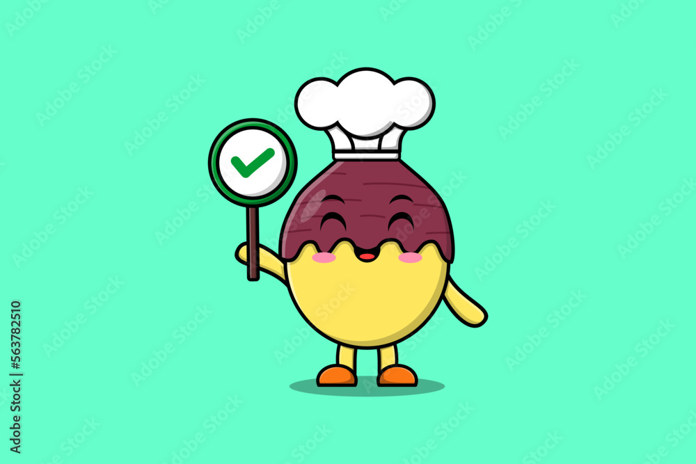 Cute cartoon Sweet potato chef character holding correct sign board in vector character illustration