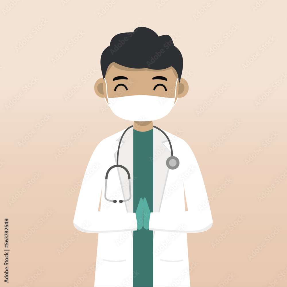 Fototapeta premium Front view doctor character using mask. Doctor character creation with face emotion, pose and gesture. Cartoon style, flat vector illustration. Male doctor finger pointing up, holding clipboard.