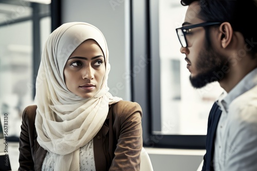Middle eastern businesswoman wearing a hijab having a meeting conversation with a co-worker at the workplace. generative AI