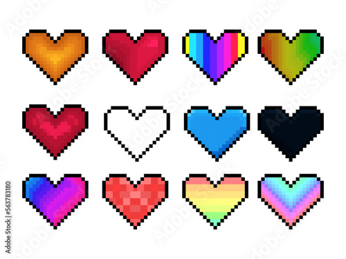 Pixel hearts Valentine holiday on white background. Retro game interface