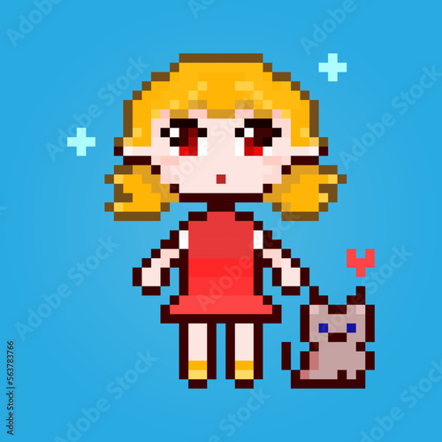 Pixel cute kid with little cat, retro character bit style