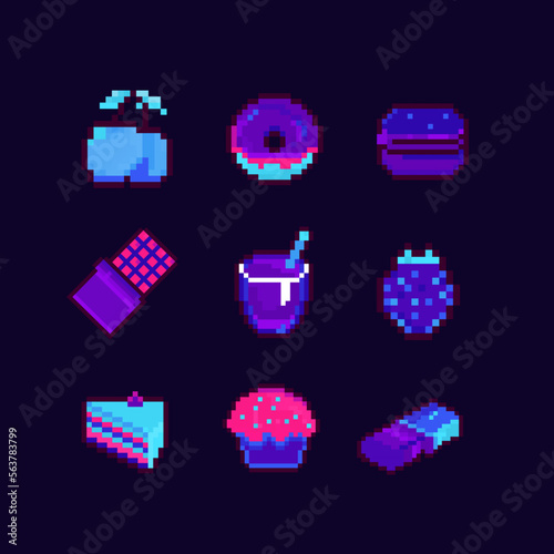 Set of bright neon pixel food and drink, snack collection icons