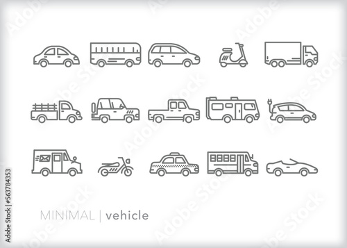Set of vehicle line icons of cars, trucks and general transportation