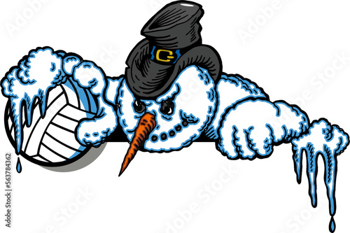 cartoon snowman mascot holding volleyball for school, college or league sports