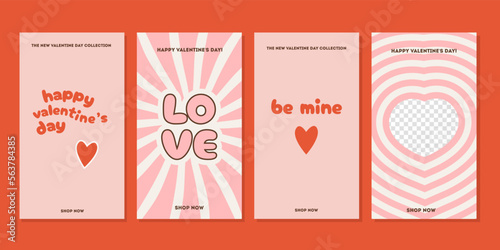 Happy Valentines Day greeting cards. Social media ig stories templates for digital marketing and sales promotion. Vertical banners or flyer with trendy retro style typography. Vector flat illustration