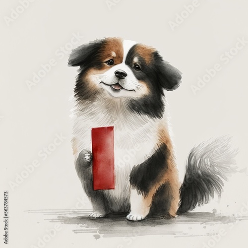 cute dog holding a red envelop in its mouth - Chinese brush painting (generative AI)