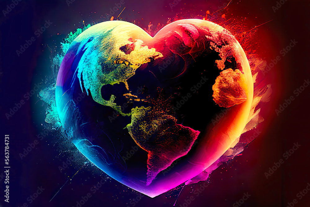 Colorful heart shaped planet earth illuminated with dark background ...