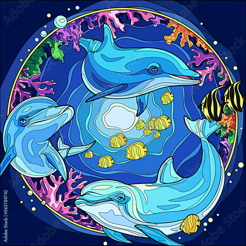 illustration of dolphins and fish underwater 