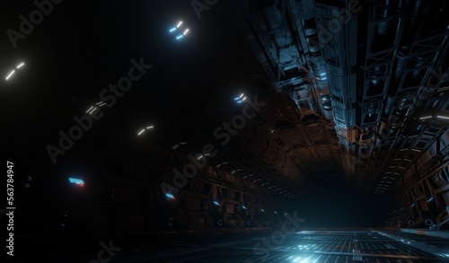 Basement metal corridor science fiction interior in dark scene 3D rendering architecture wallpaper backgrounds