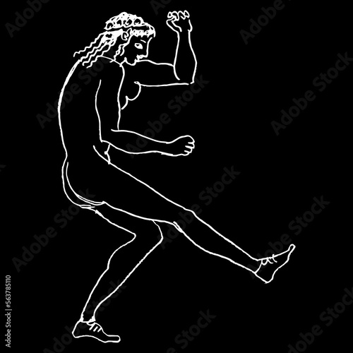 Dancing ancient Greek naked woman. Vase painting style. Hand drawn linear doodle rough sketch. White silhouette on black background.