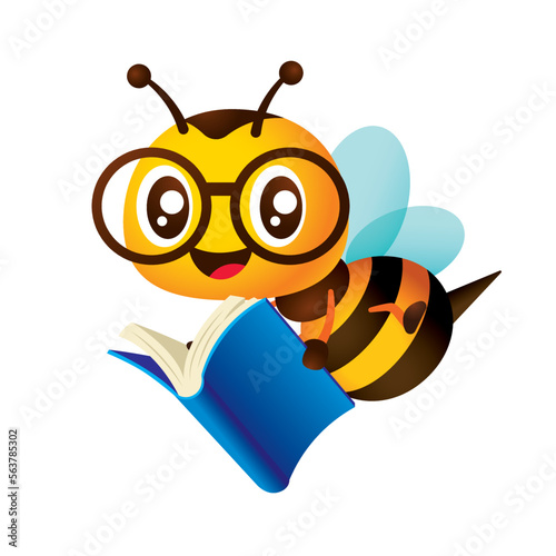 Bee back to school education. Cartoon cute bee with spectacles holding a blue colour book character illustration