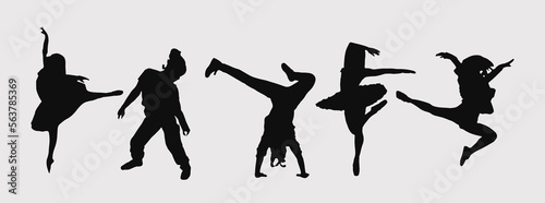 A set of men and women street dance hip hop dancers in silhouette photo