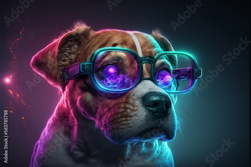 cyberpunk virtual reality hacker dog ,Futuristic city at night time background ,generative AI © dhiyaeddine