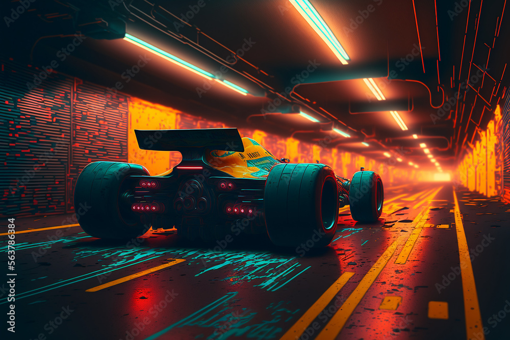 neon f1car in tunnel, cyberpunk, neon