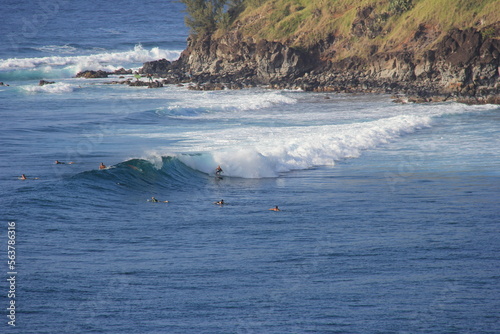 landscape with surfers in maui hawaii
