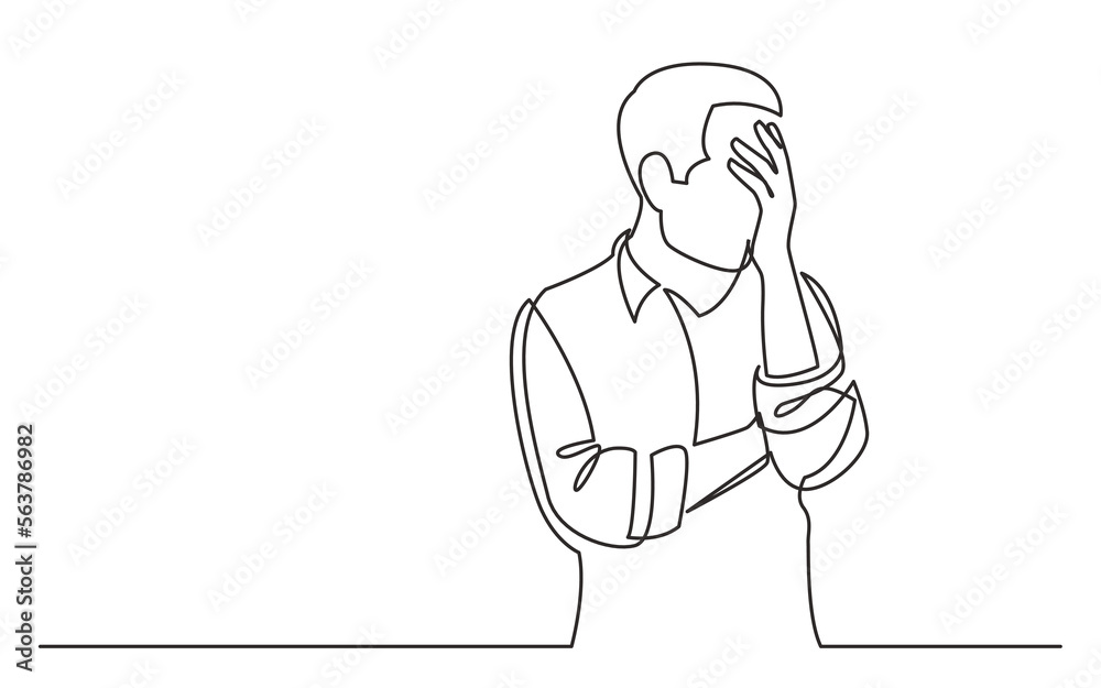 continuous line drawing vector illustration with FULLY EDITABLE STROKE of upset man in trouble