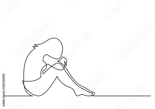 continuous line drawing vector illustration with FULLY EDITABLE STROKE of depressing woman sitting