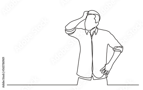 continuous line drawing vector illustration with FULLY EDITABLE STROKE of standing confused man in shirt