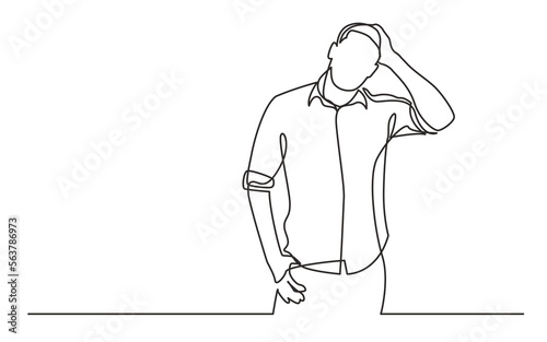 continuous line drawing vector illustration with FULLY EDITABLE STROKE of standing frustrated man in shirt