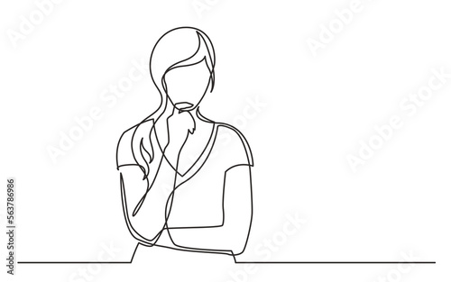 continuous line drawing vector illustration with FULLY EDITABLE STROKE of woman confused