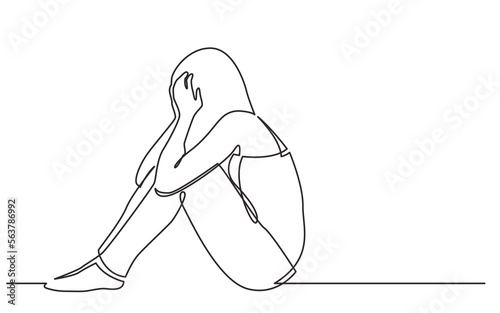 continuous line drawing vector illustration with FULLY EDITABLE STROKE of woman sitting on floor in despair