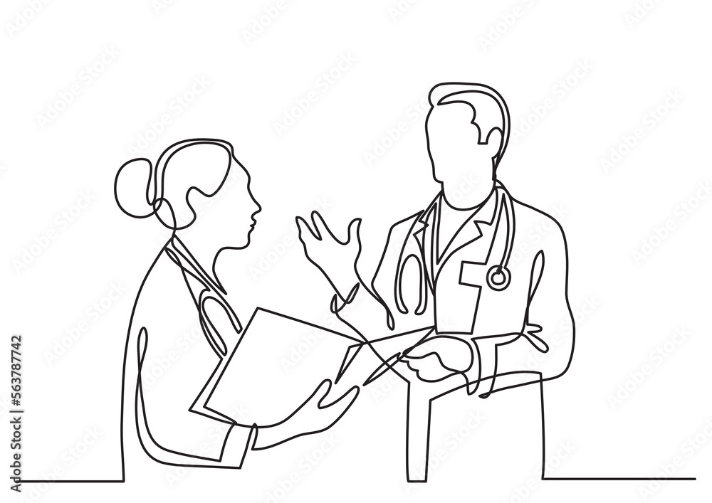 continuous line drawing vector illustration with FULLY EDITABLE STROKE of hospital doctor healthcare professionals