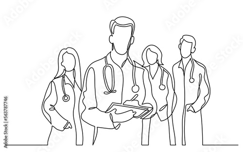 continuous line drawing vector illustration with FULLY EDITABLE STROKE of hospital doctor healthcare professionals