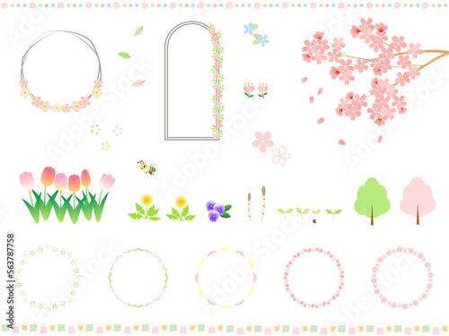 春のフレームやあしらい系の素材を詰め込んだ手描きイラストセット
