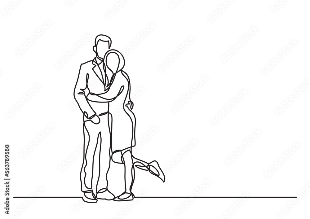 continuous line drawing vector illustration with FULLY EDITABLE STROKE - couple standing hugging