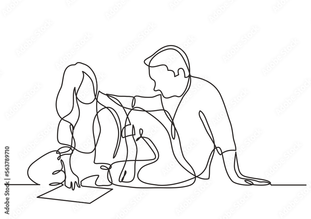 continuous line drawing vector illustration with FULLY EDITABLE STROKE - man and wonan sitting on the floor discussing plan continuous line drawing vector illustration with FULLY EDITABLE STROKE - man and wonan sitting on the floor discussing plan