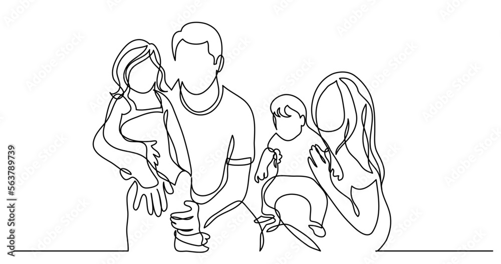 continuous line drawing vector illustration with FULLY EDITABLE STROKE - of family of four holding their children