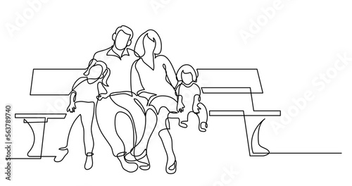 continuous line drawing vector illustration with FULLY EDITABLE STROKE - of family of four sitting on park bench