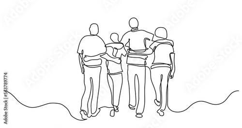 continuous line drawing vector illustration with FULLY EDITABLE STROKE - of friends hugging each other