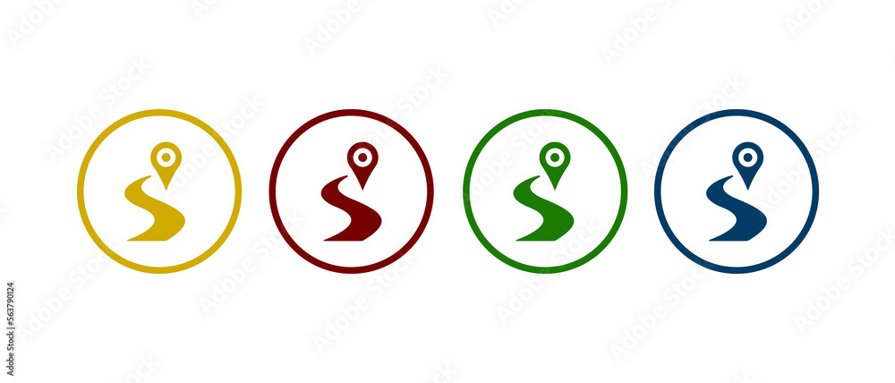 Route vector icon. Road with a location sign in flat style concept. Route vector icon. Road with a location sign in flat style concept.