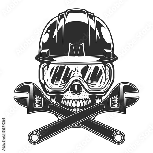 Builder plumber skull in hard hat and glasses with crossed plumbing wrench from business new construction and remodeling house vintage style illustration