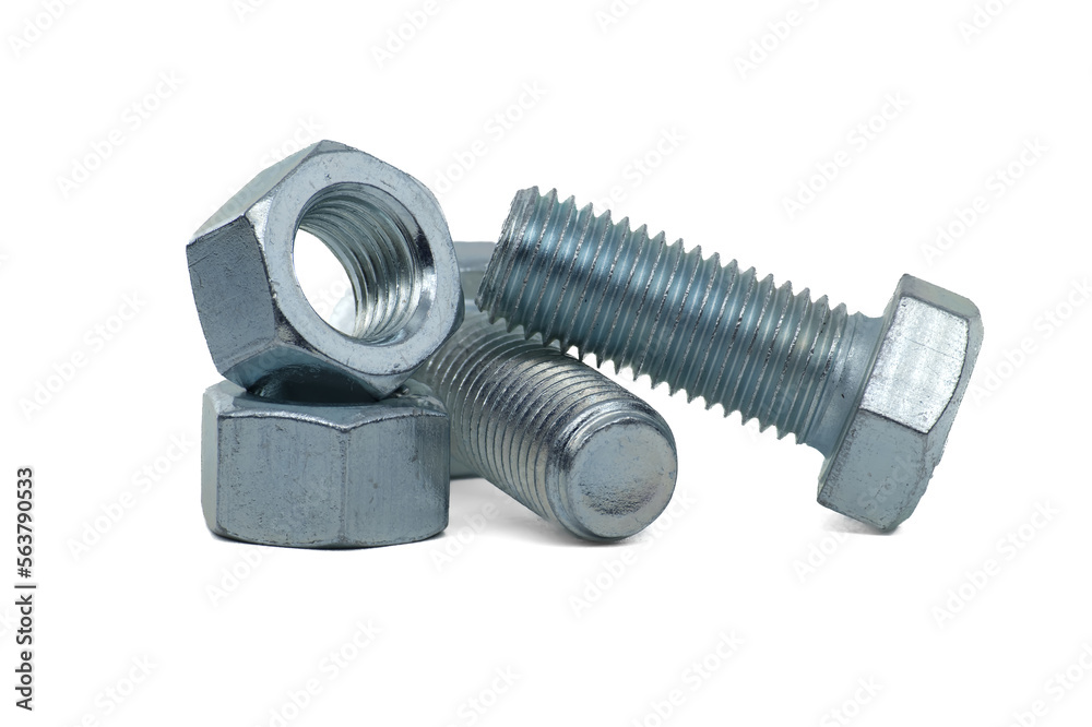 Zinc plated bolts and nuts isolated on white background Zinc plated bolts and nuts isolated on white background